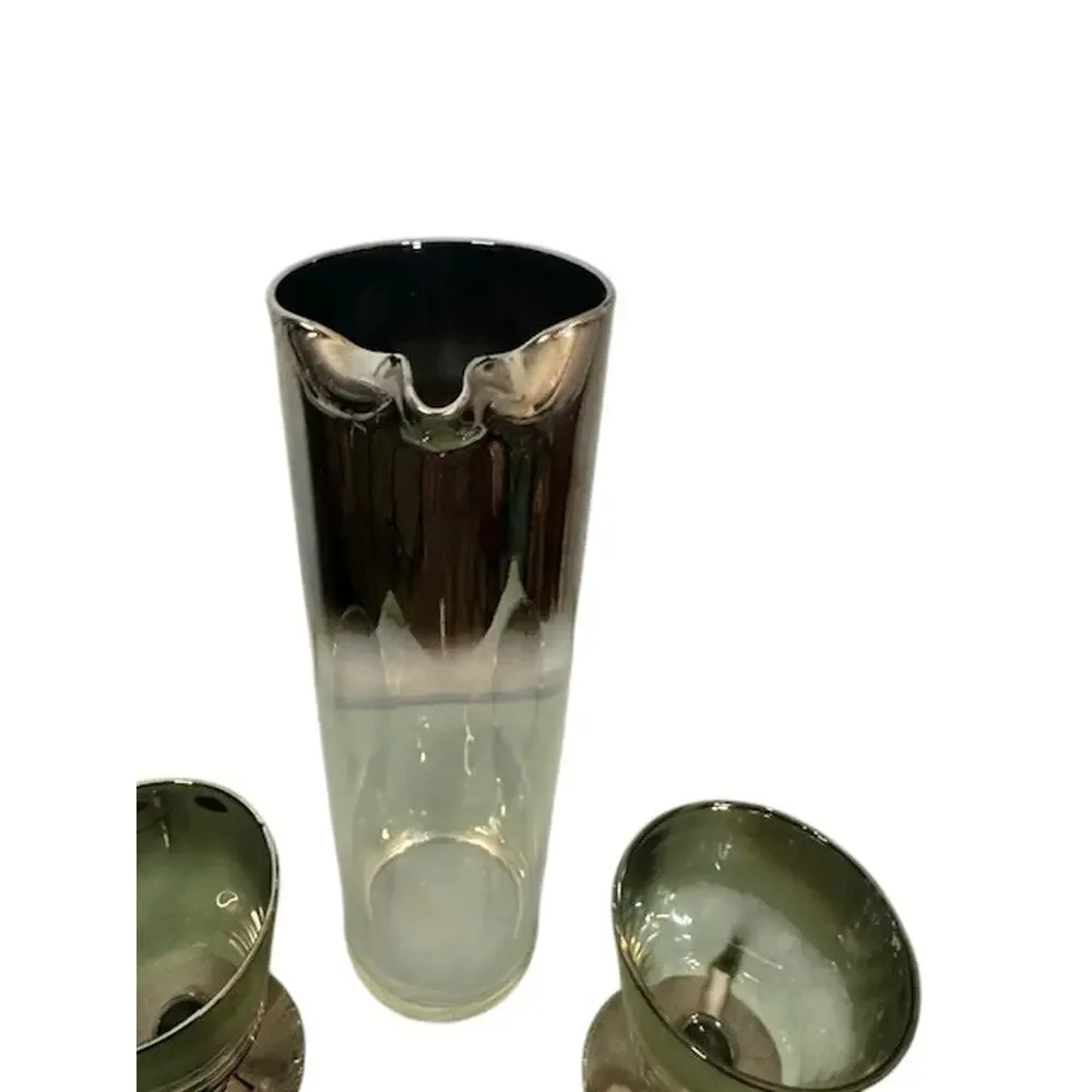 Martini Glassware Set Clear Black Stir Rod Pitcher 2 Glasses VTG Collectible